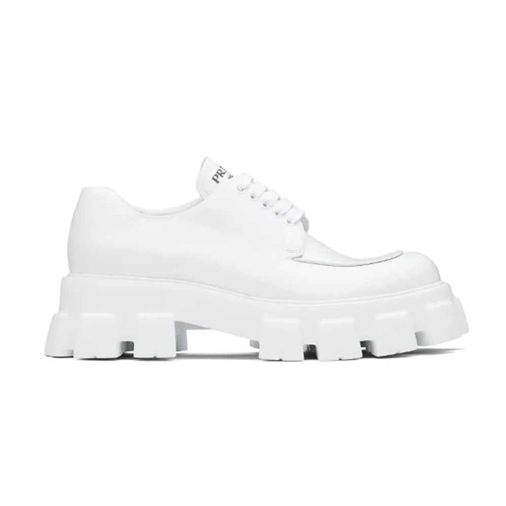 Prada Monolith Brushed Leather Lace-up Shoes for Women in White Prada Monolith Brushed Leather Lace-up Shoes for Women in White