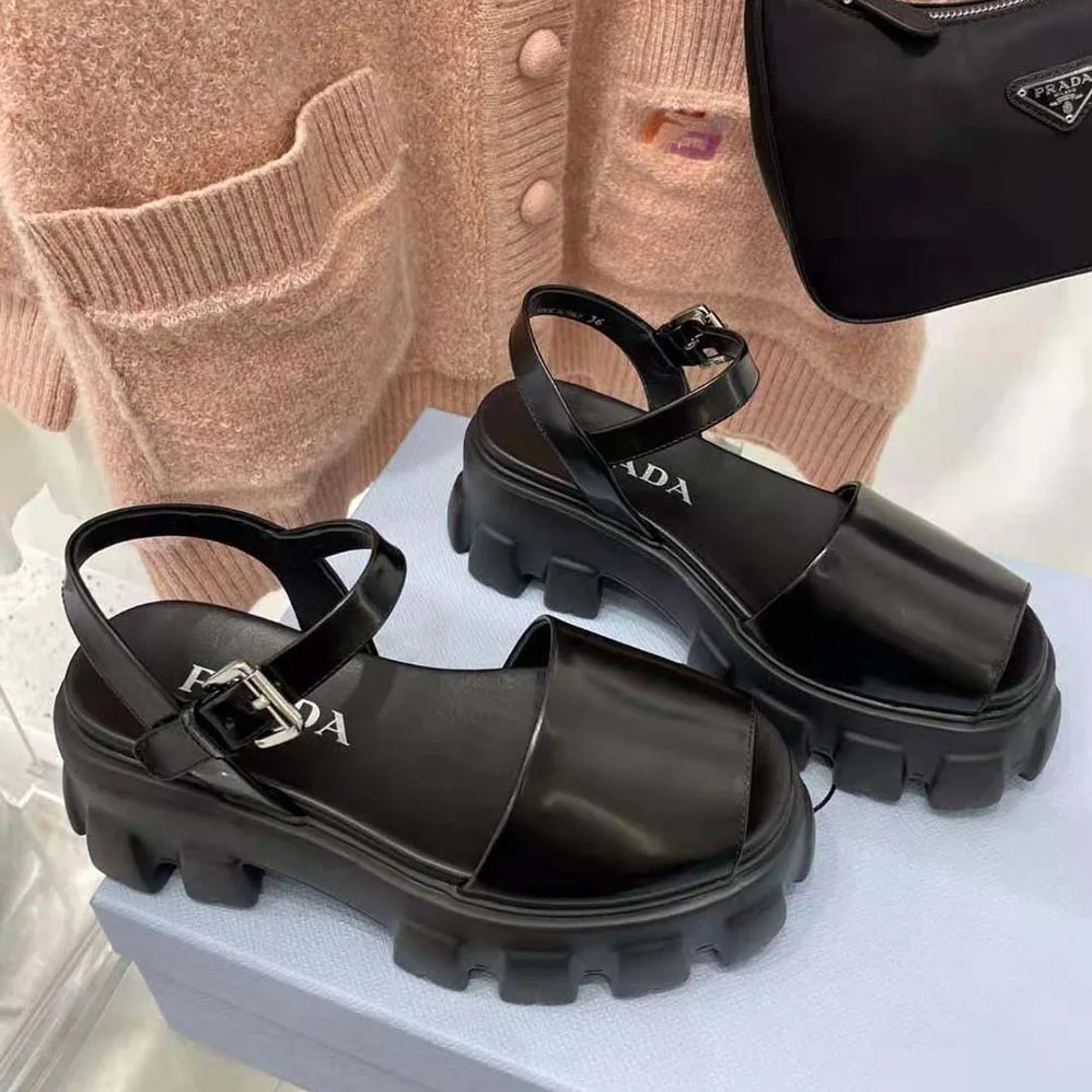 Prada Monolith Brushed Leather Sandals in 55mm Heel for Women in Black