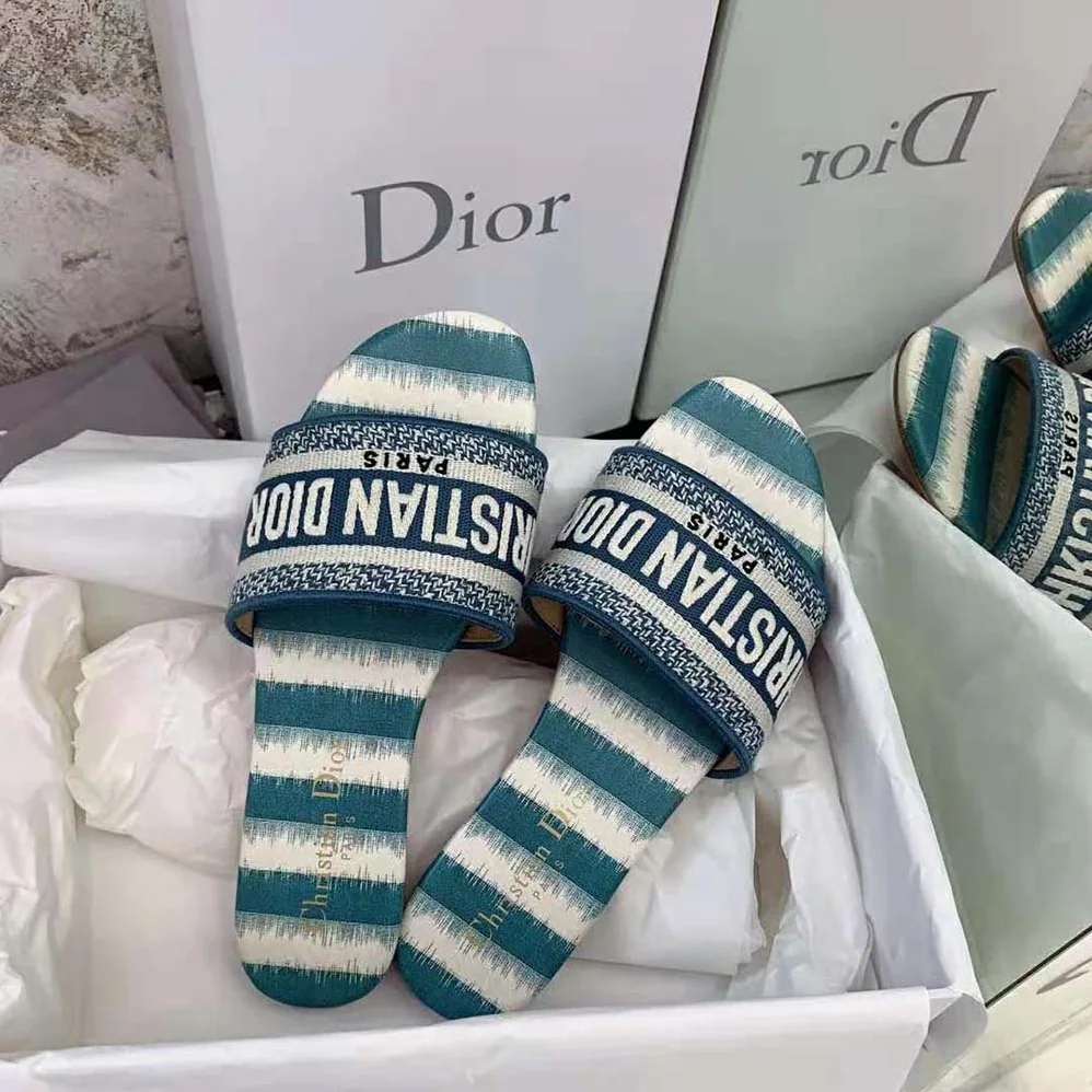 Dior Dway Slide Deep Ocean Blue D for Women in Stripes Embroidered Cotton