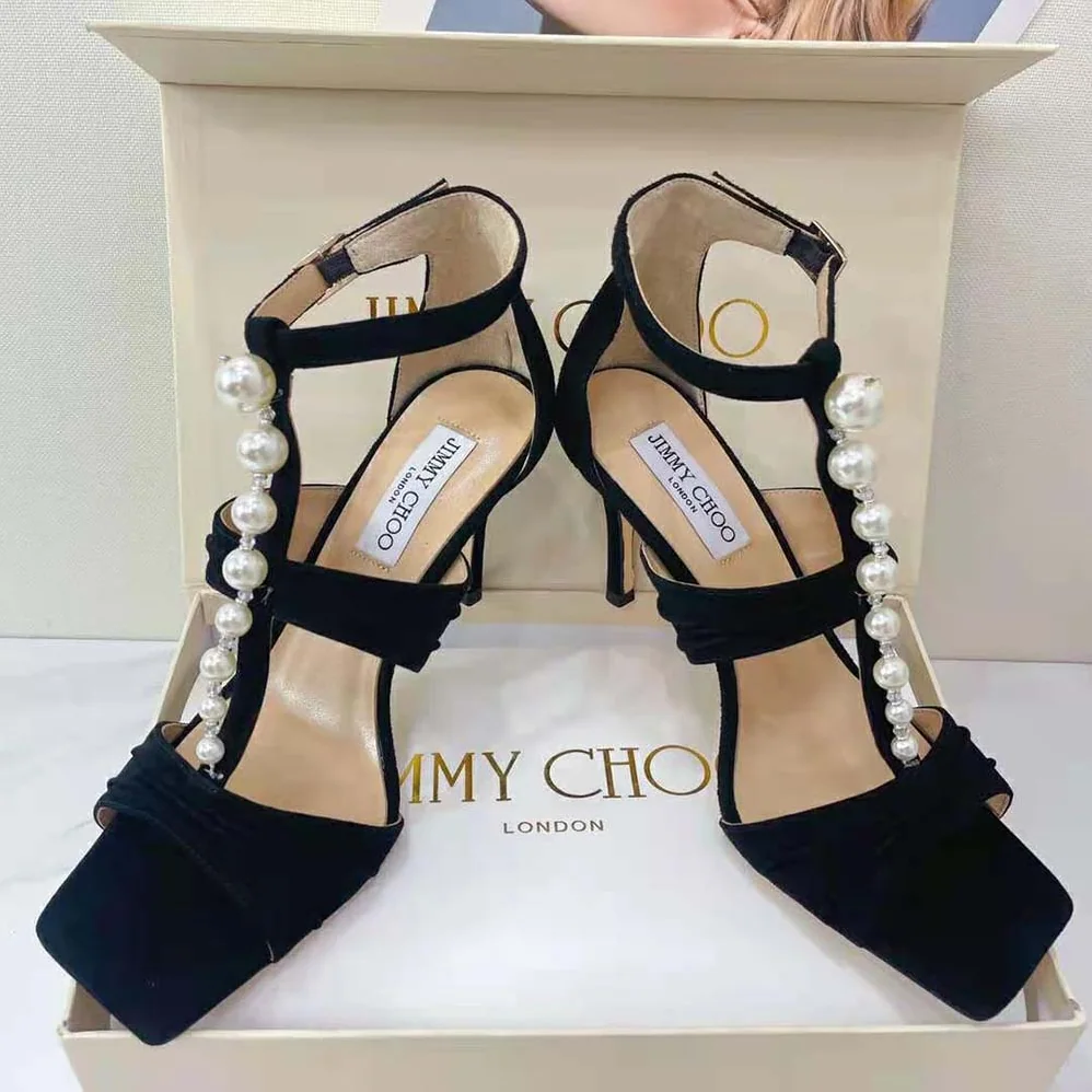 Jimmy Choo Aura 95 Black Suede Sandals with Pearls and Crystals for Women Jimmy Choo Aura 95 Black Suede Sandals with Pearls and Crystals for Women