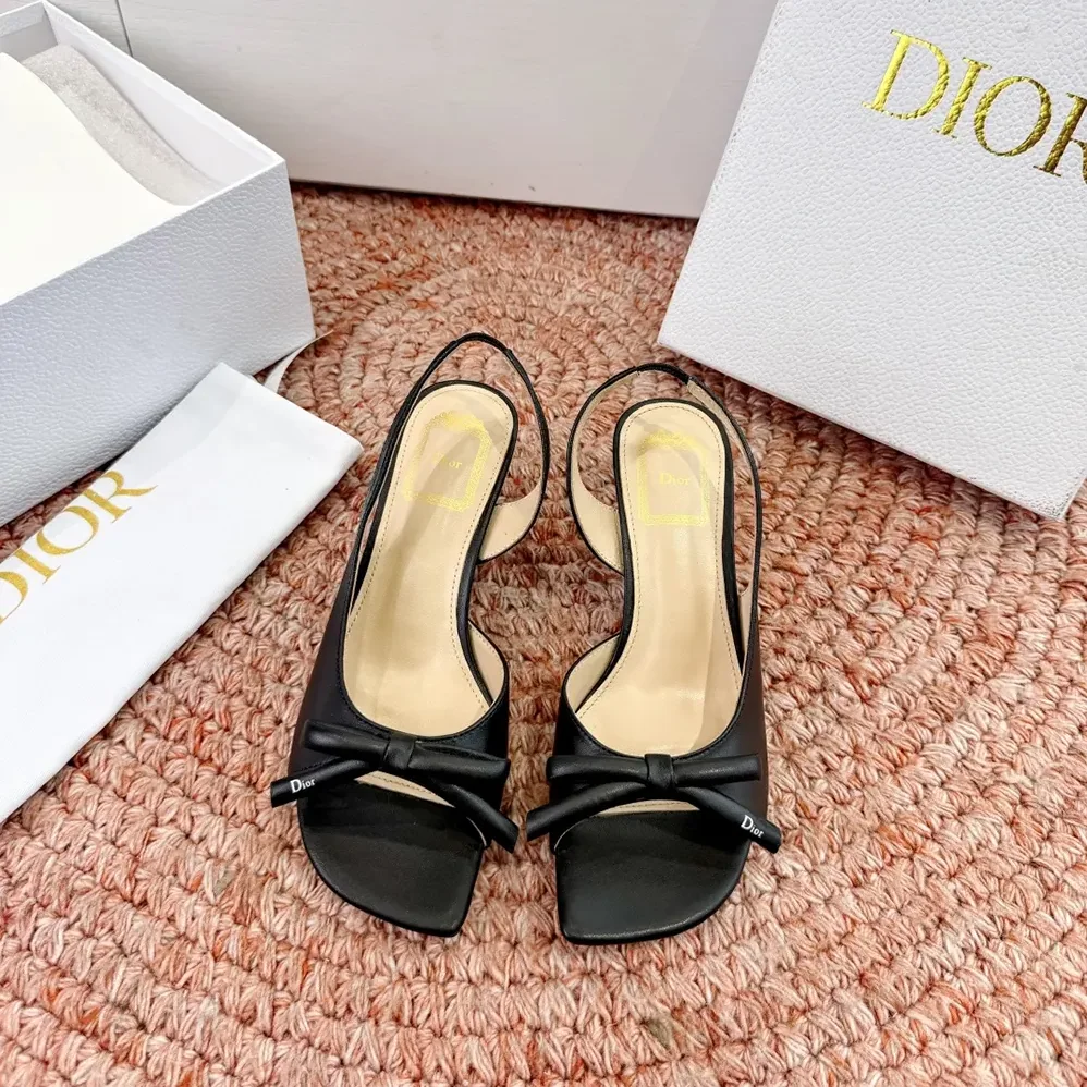 Dior Bow Heeled Slingback Sandal Black Lambskin for Women