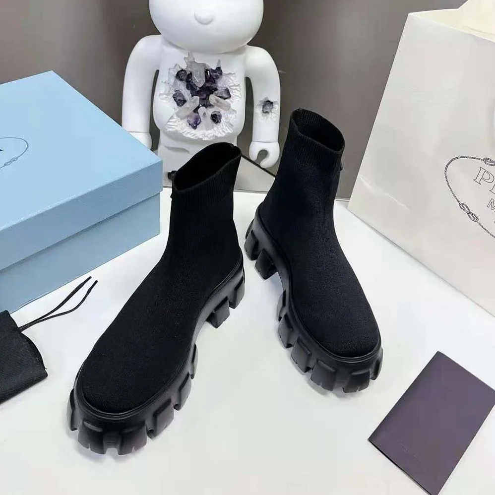 Prada Monolith Knit Booties with Embossed Rubber Triangle Logo for Women Prada Monolith Knit Booties with Embossed Rubber Triangle Logo for Women