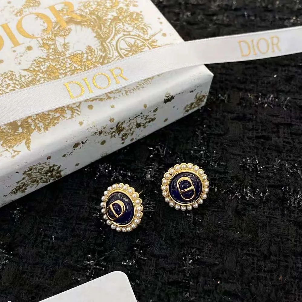 Dior Petit CD Studs Earrings Gold-Finish Metal and White Resin Pearls with Black Glass for Women