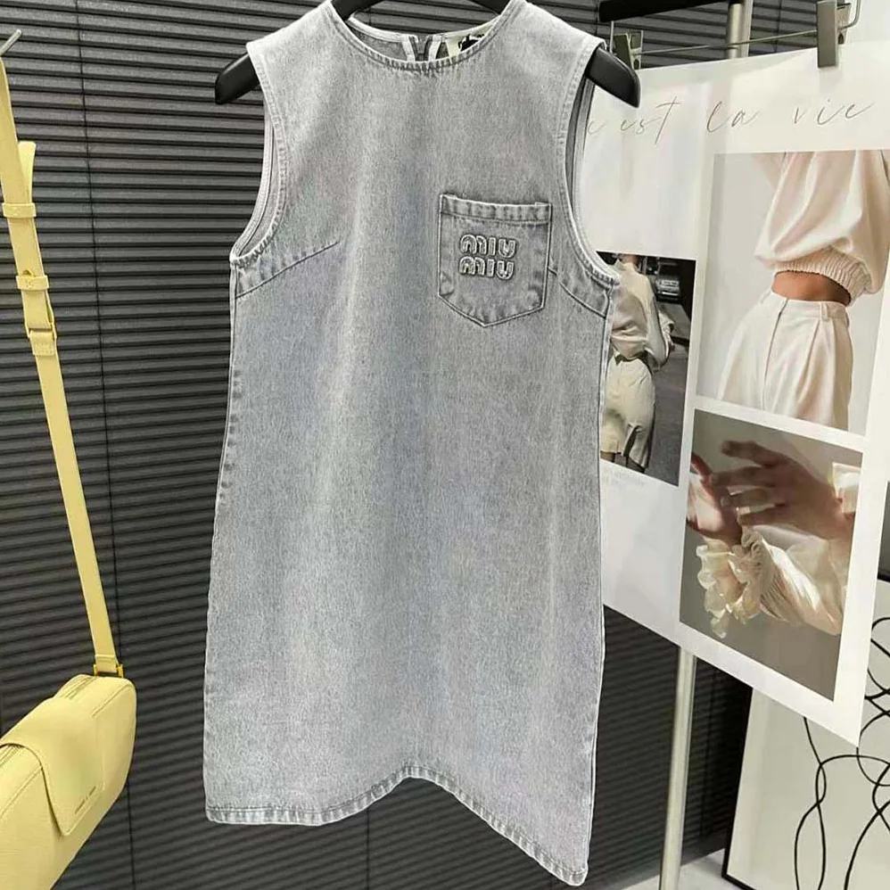 Miu Miu Denim Dress with Embroidered Logo for Women Miu Miu Denim Dress with Embroidered Logo for Women