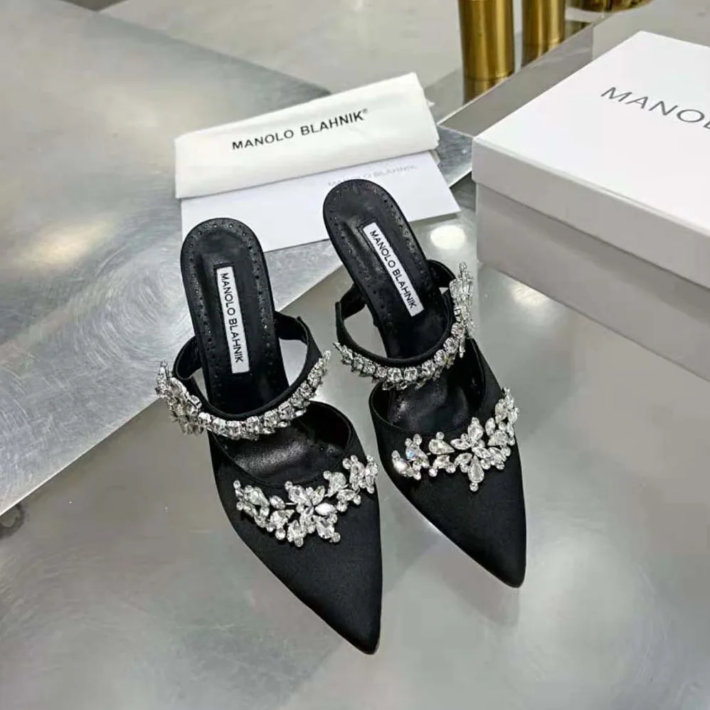 Manolo Blahnik Black Satin Crystal Embellished Mules for Women Manolo Blahnik Black Satin Crystal Embellished Mules for Women