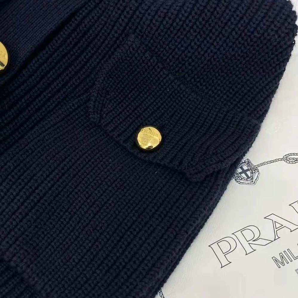 Prada Wool Cardigan with Contemporary Elegance Features Shiny Gold Buttons