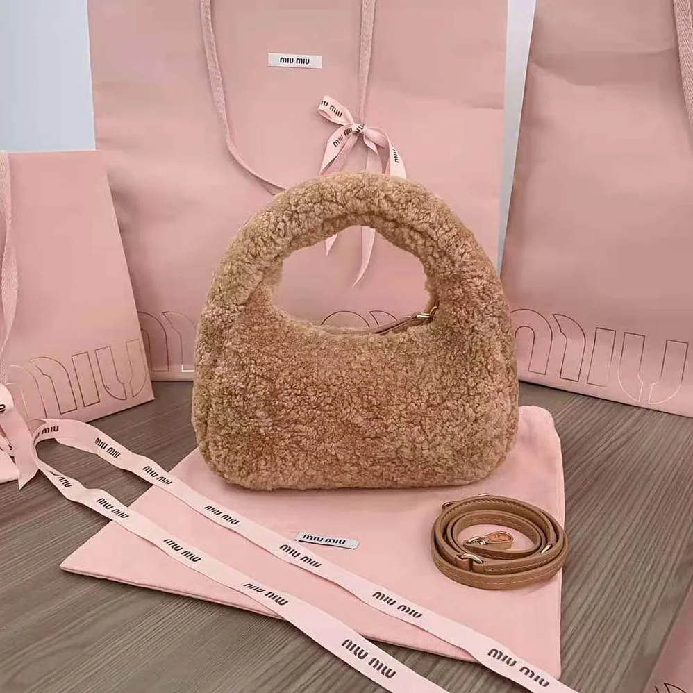 Miu Miu Wander Shearling Hobo Bag with Leather Details for Women in Sandy