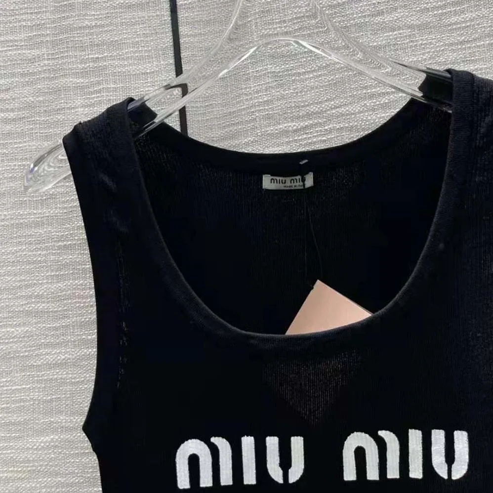 Miu Miu Viscose Top with Intarsia Logo for Women in Black