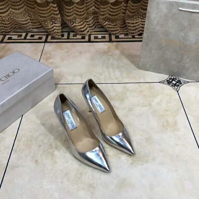 Jimmy Choo Shoes Romy 85 Silver Liquid Mirror Leather Pointy Toe Pumps for Women