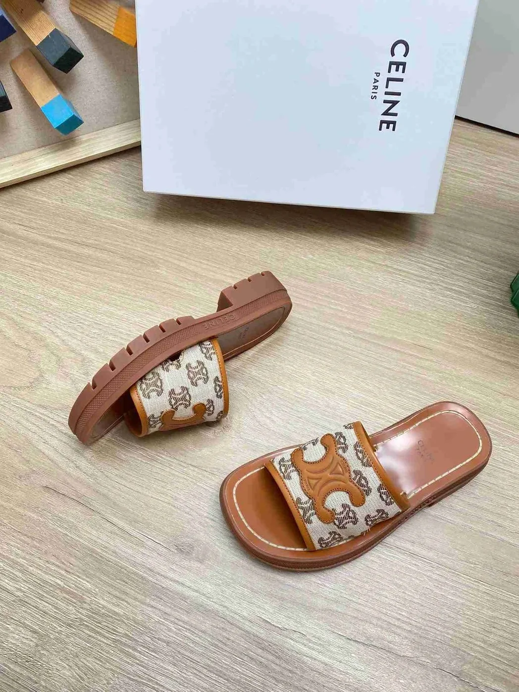 Celine Triomphe Slide In Triomphe Stamped Canvas Brown