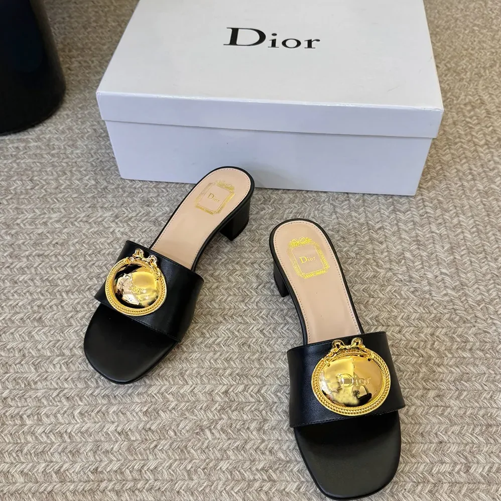 Dior Médaillon Buckle Heeled Slide Black Lambskin for Women Dior Médaillon Buckle Heeled Slide Black Lambskin for Women