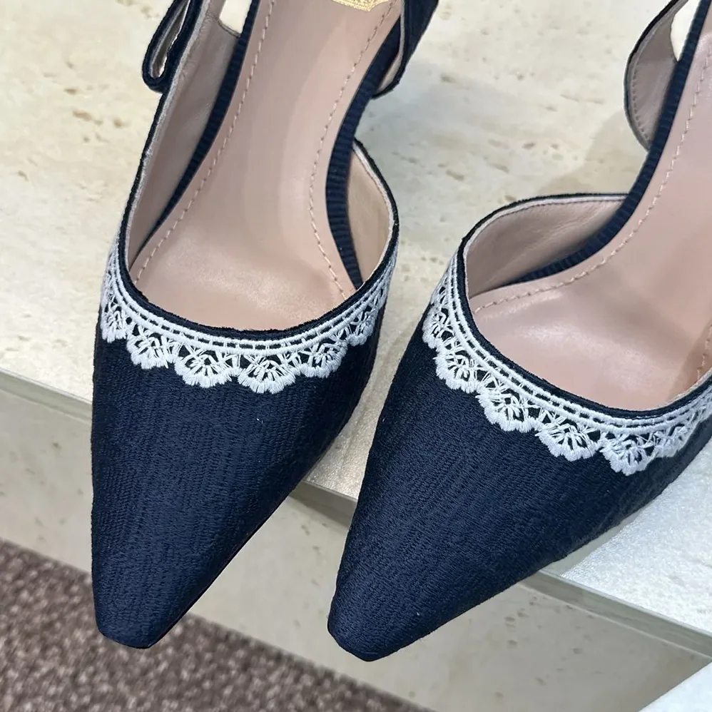 Dior J'Adior Slingback Pump Blue Dior Oblique Embroidered Cotton and White Lace for Women Dior J'Adior Slingback Pump Blue Dior Oblique Embroidered Cotton and White Lace for Women