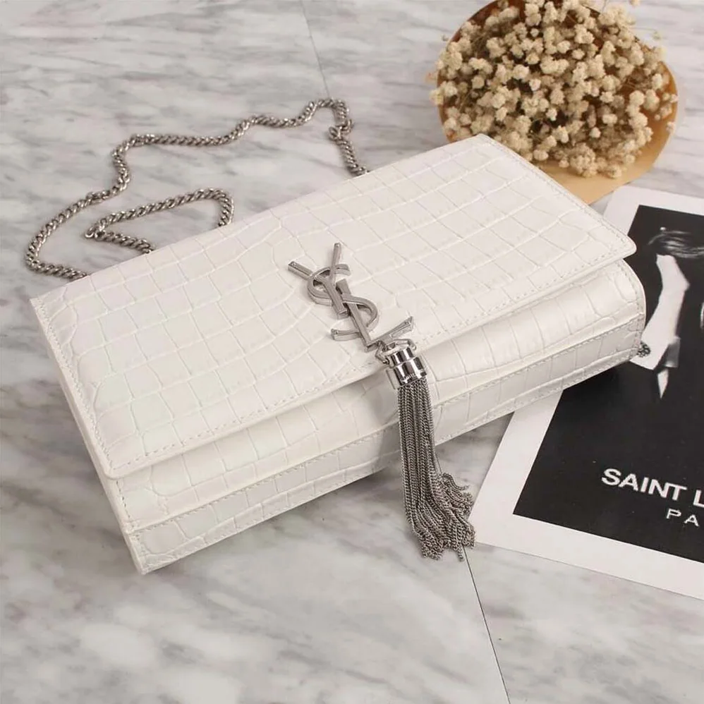 Saint Laurent YSL Kate Small Tassel Embossed Crocodile Shiny Calfskin for Women in White Saint Laurent YSL Kate Small Tassel Embossed Crocodile Shiny Calfskin for Women in White