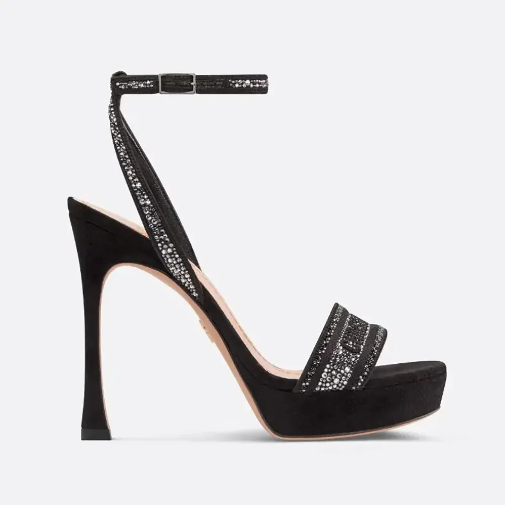Dior Or Dway Heeled Sandal Black Cotton Embroidered with Thread and Silver for Women in Tone Strass Dior Or Dway Heeled Sandal Black Cotton Embroidered with Thread and Silver for Women in Tone Strass