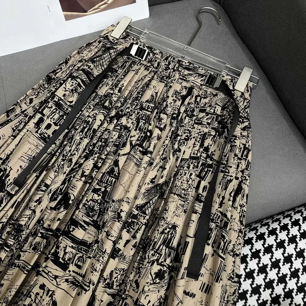 Dior Pleated Mid-Length Skirt Beige and Black Cotton Gabardine with Paris Allover Motif for Women
