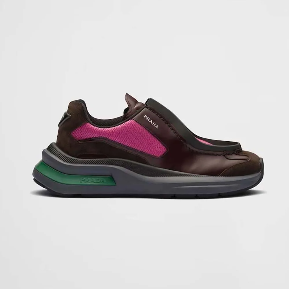 Prada Brushed Leather Sneakers with Bike Fabric and Suede Elements for Men in Pink