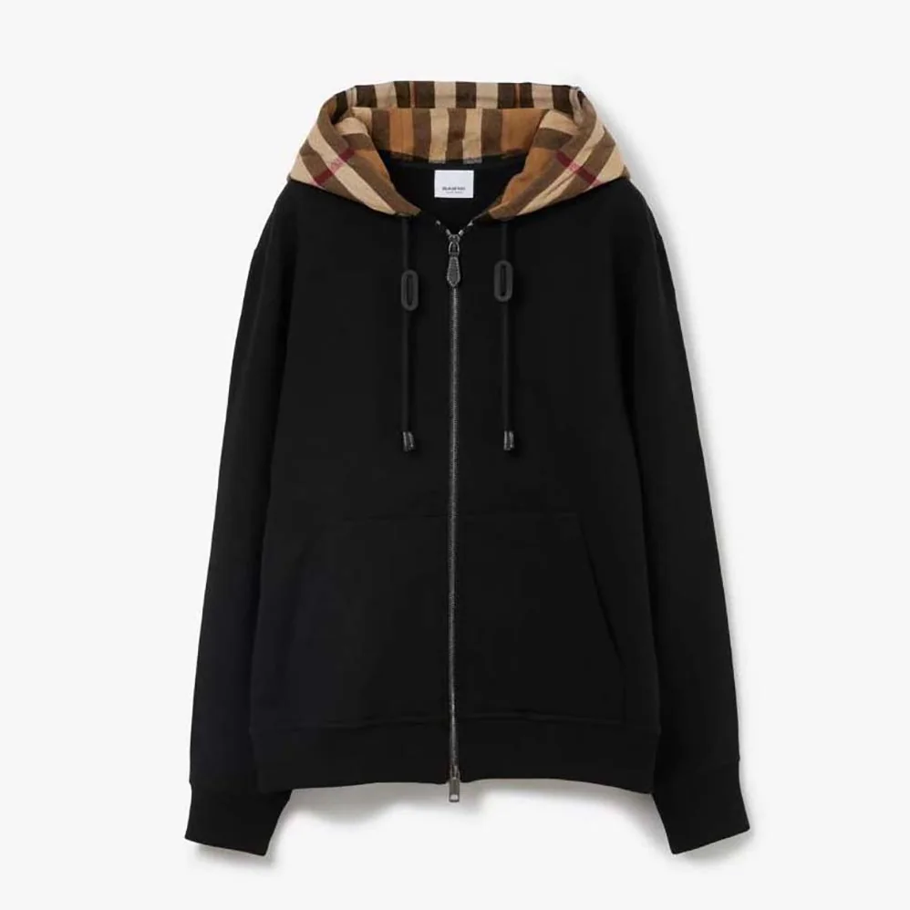 Burberry Check Trim Cotton Zip Hoodie for Women in Black