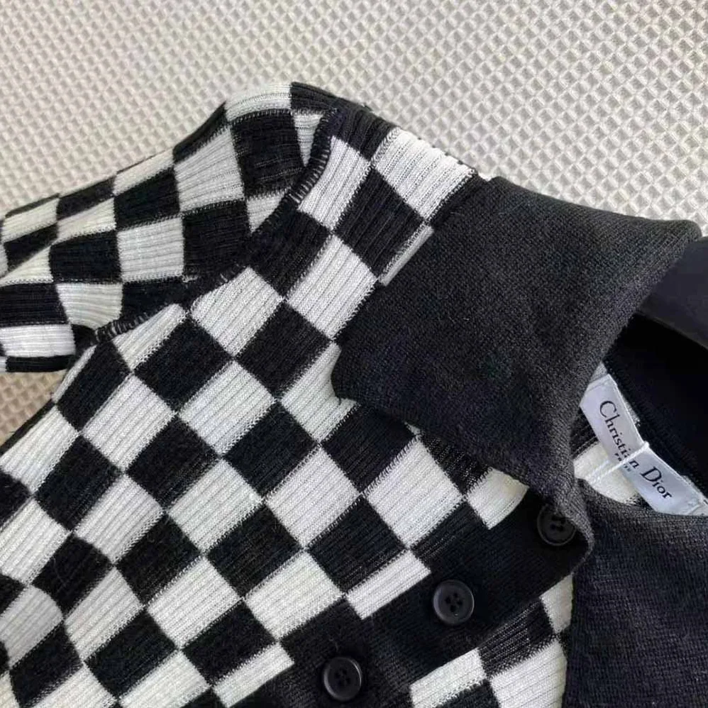 Dior Dioramour Polo Shirt Black and White D-Chess Heart Cashmere Knit and Silk for Women Dior Dioramour Polo Shirt Black and White D-Chess Heart Cashmere Knit and Silk for Women