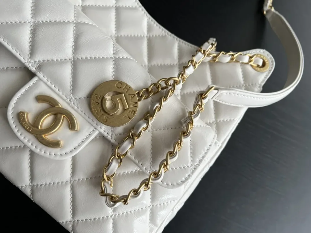 Chanel CC Hobo Medium Bag in White Gold Hardware