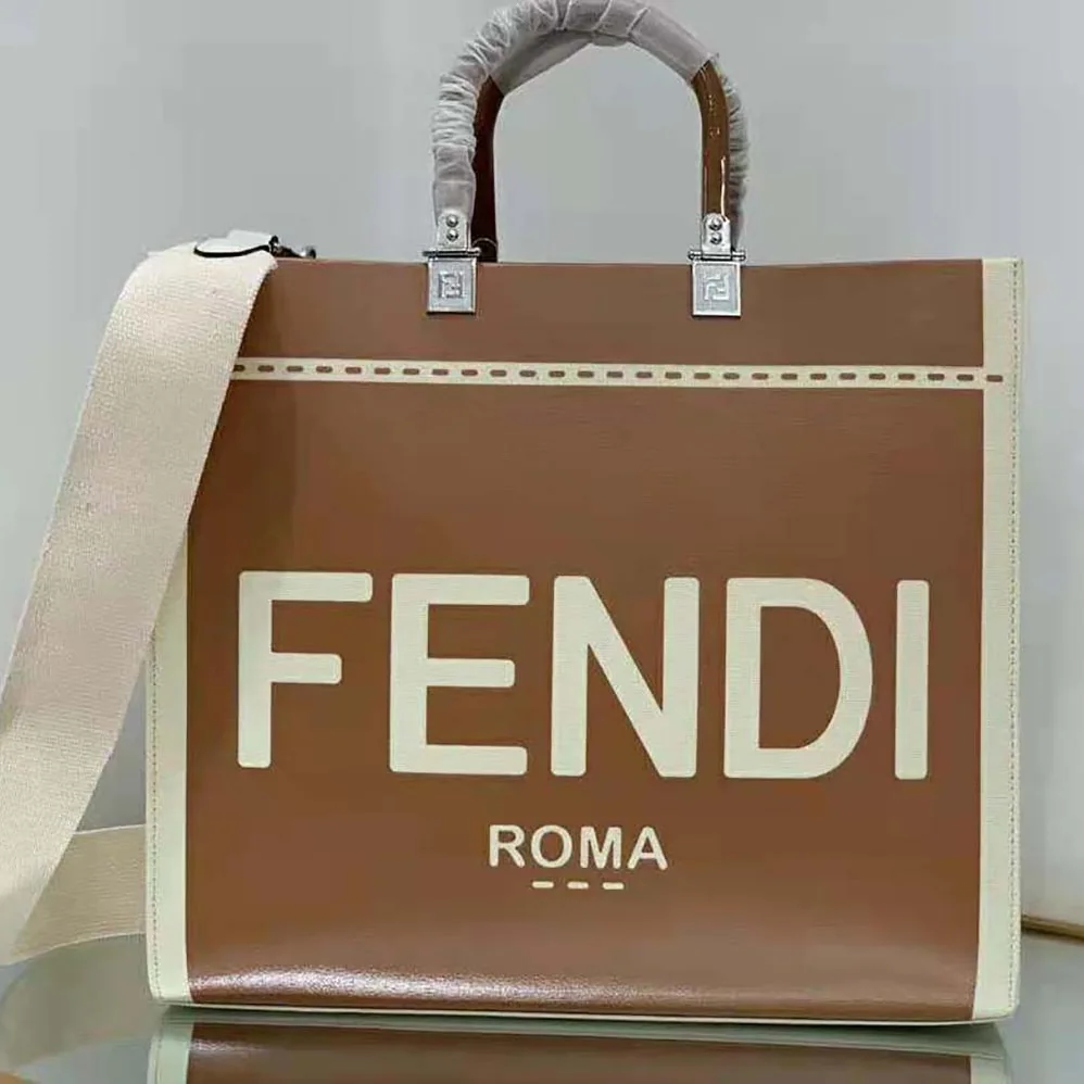 Fendi Sunshine Medium Canvas and Brown Patent Leather Shopper Bag for Women Fendi Sunshine Medium Canvas and Brown Patent Leather Shopper Bag for Women