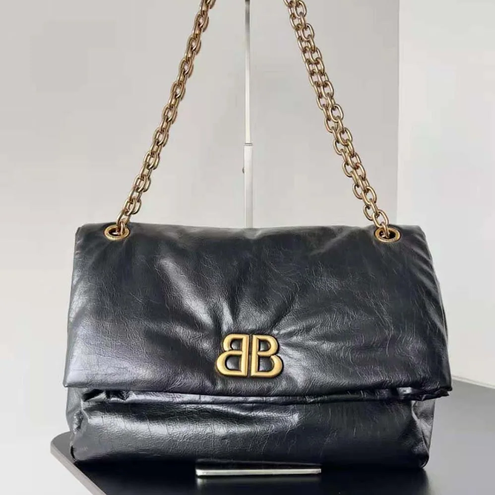 Balenciaga Monaco Medium Chain Bag in Black Arena Calfskin for Women