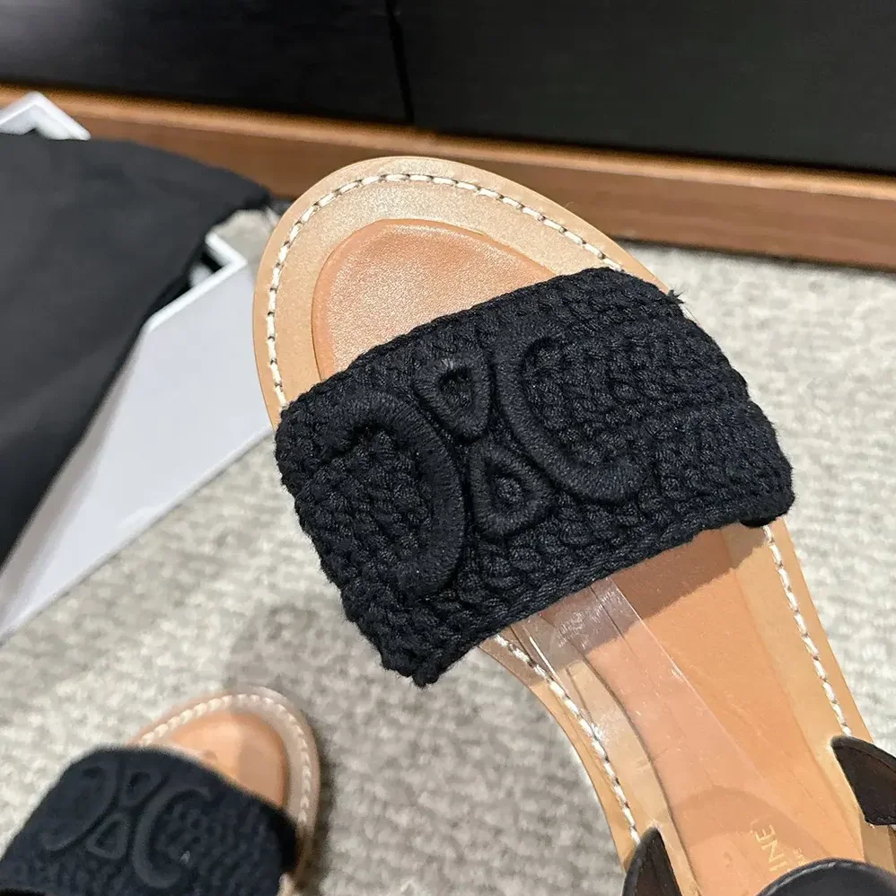 Celine Lympia Sandal in Triomphe Maccramé Cotton & Calfskin for Women in Black Celine Lympia Sandal in Triomphe Maccramé Cotton & Calfskin for Women in Black
