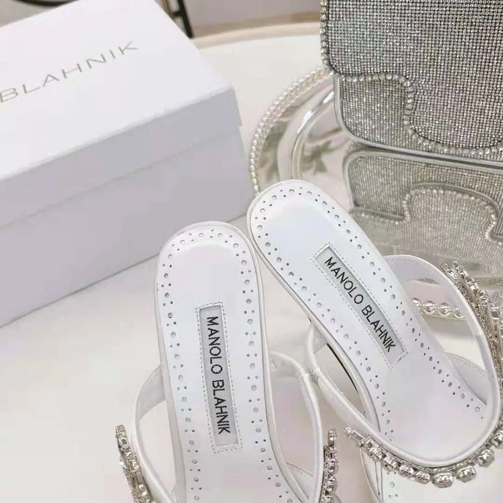 Manolo Blahnik White Satin Crystal Embellished Mules for Women