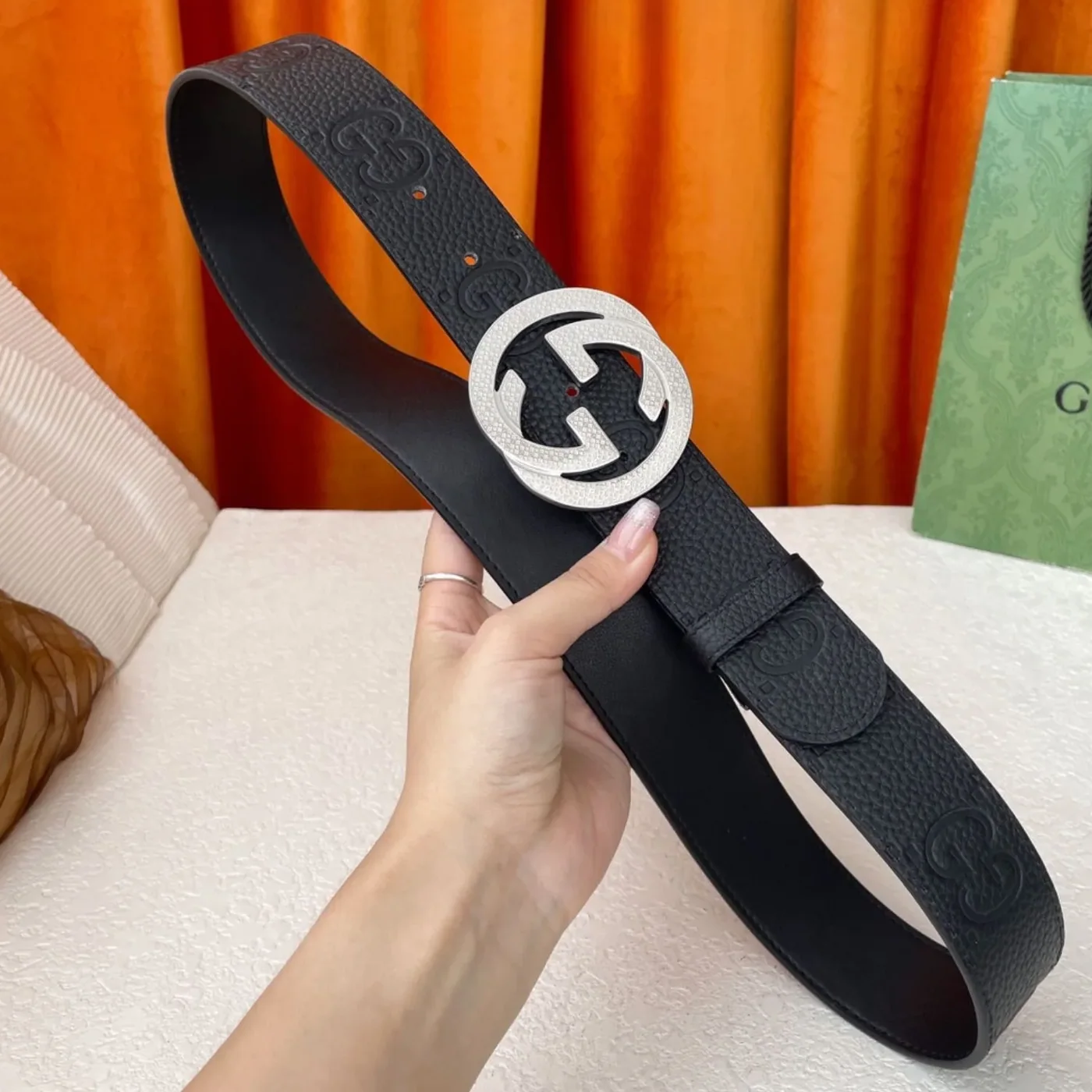 Gucci GG Pebbled Monogram Belt Black With Silver Crystal Buckle Gucci GG Pebbled Monogram Belt Black With Silver Crystal Buckle