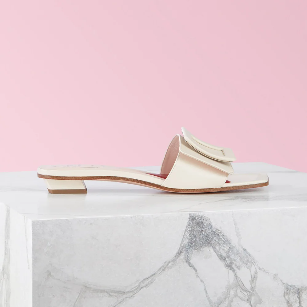 Roger Vivier Covered Buckle Mules in Patent Leather for Women in White Roger Vivier Covered Buckle Mules in Patent Leather for Women in White