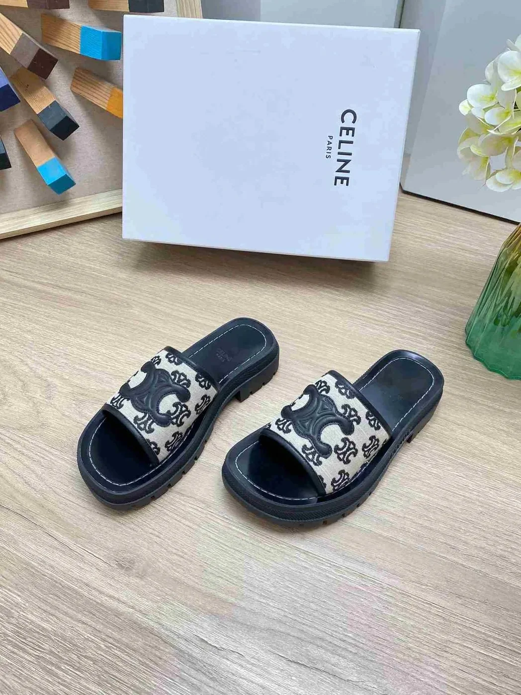Celine Triomphe Slide In Triomphe Stamped Canvas Black Celine Triomphe Slide In Triomphe Stamped Canvas Black