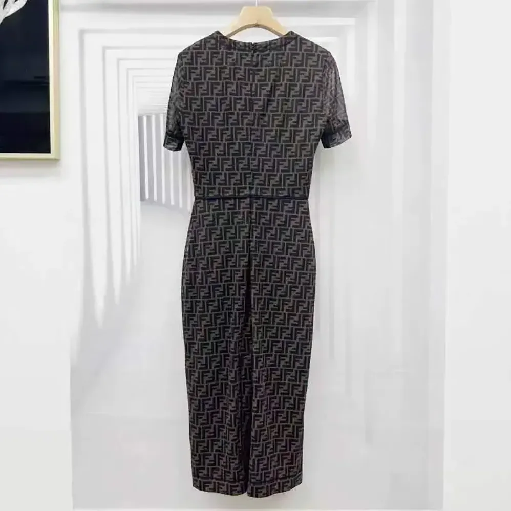 Fendi Brown Micro Mesh Dress with Pared for Women in Down Silhouette