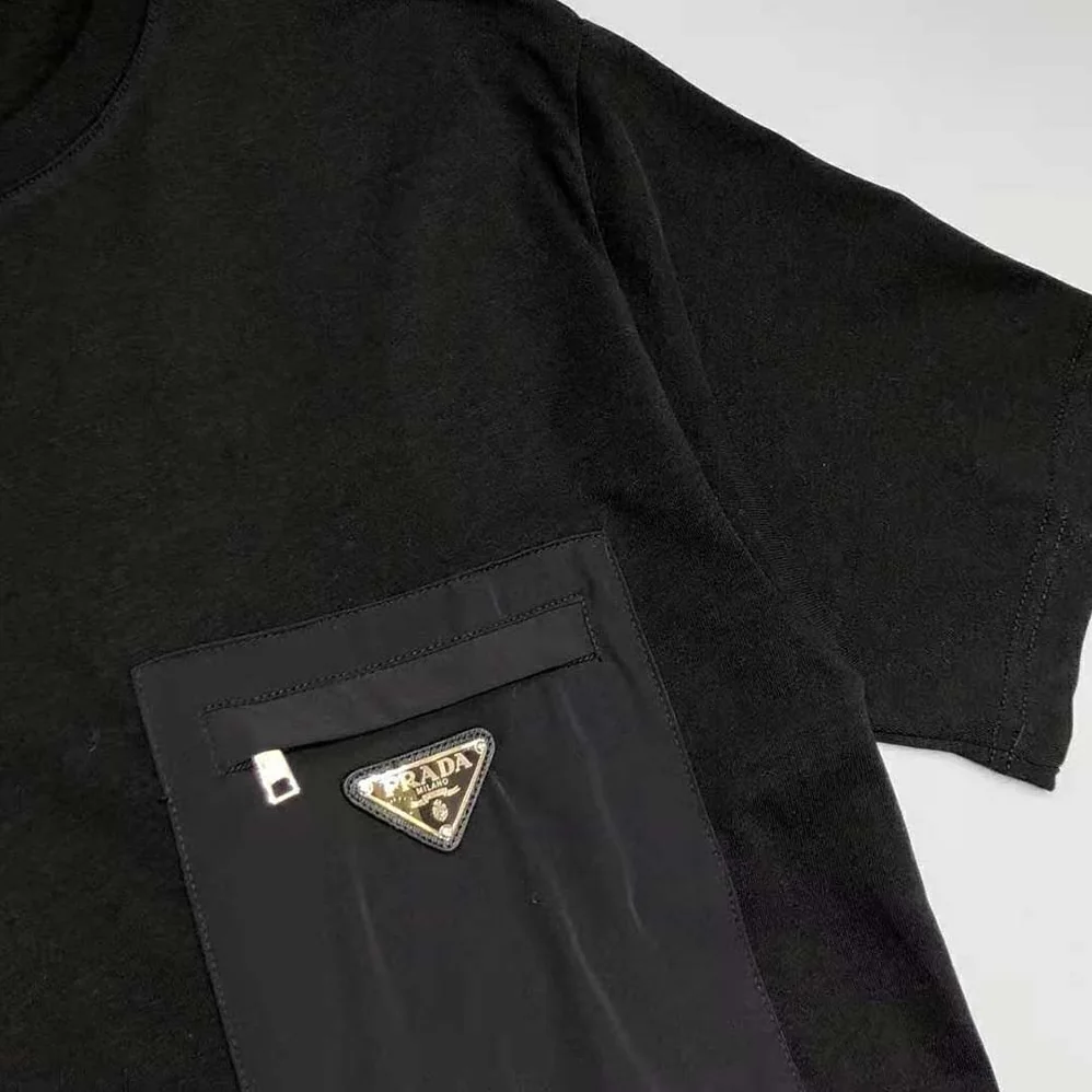 Prada Cotton T-shirt with Nylon Pocket for Men in Black