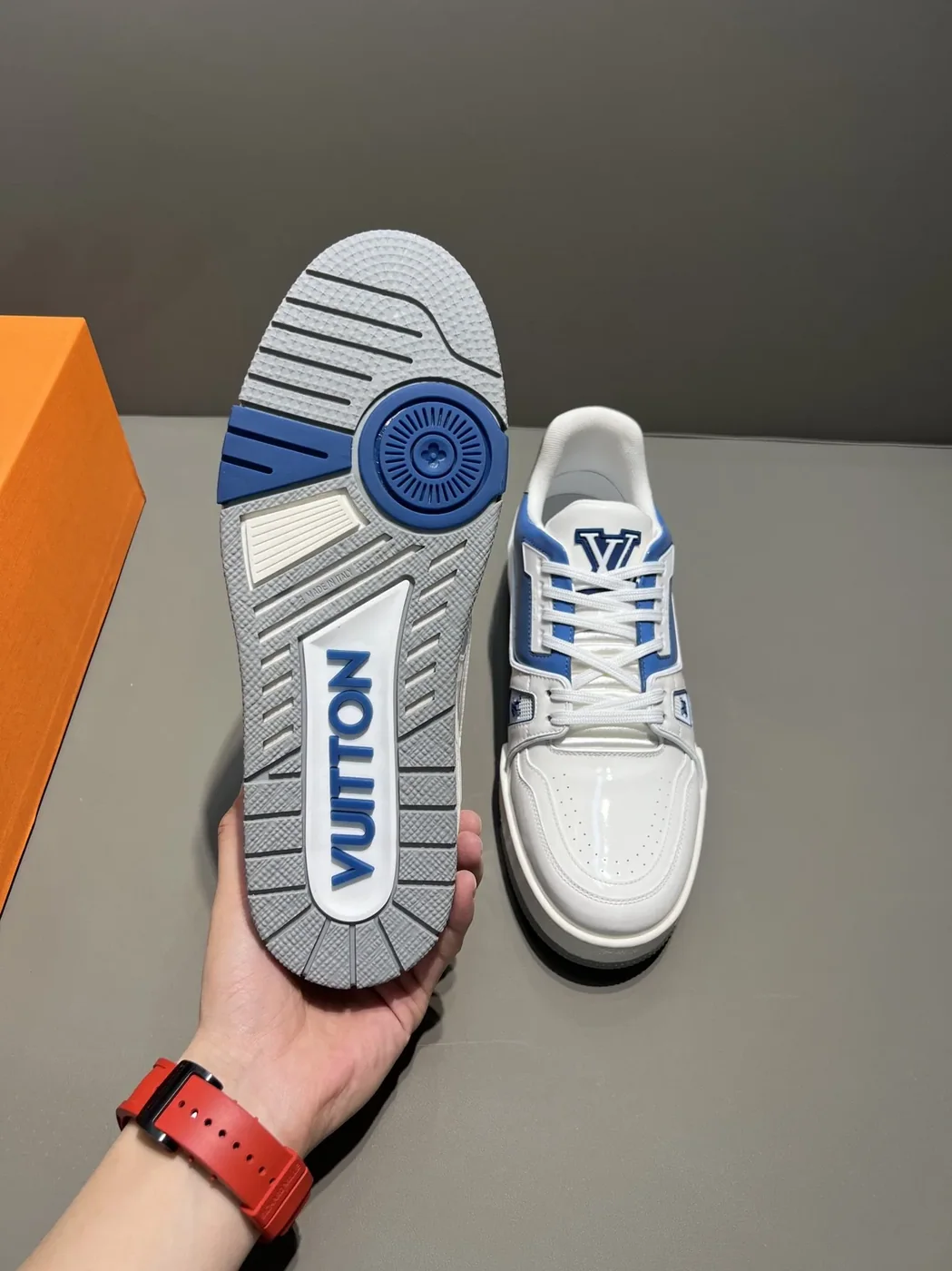 Louis Vuitton Trainer Sneaker White in Blue Virgil Abloh