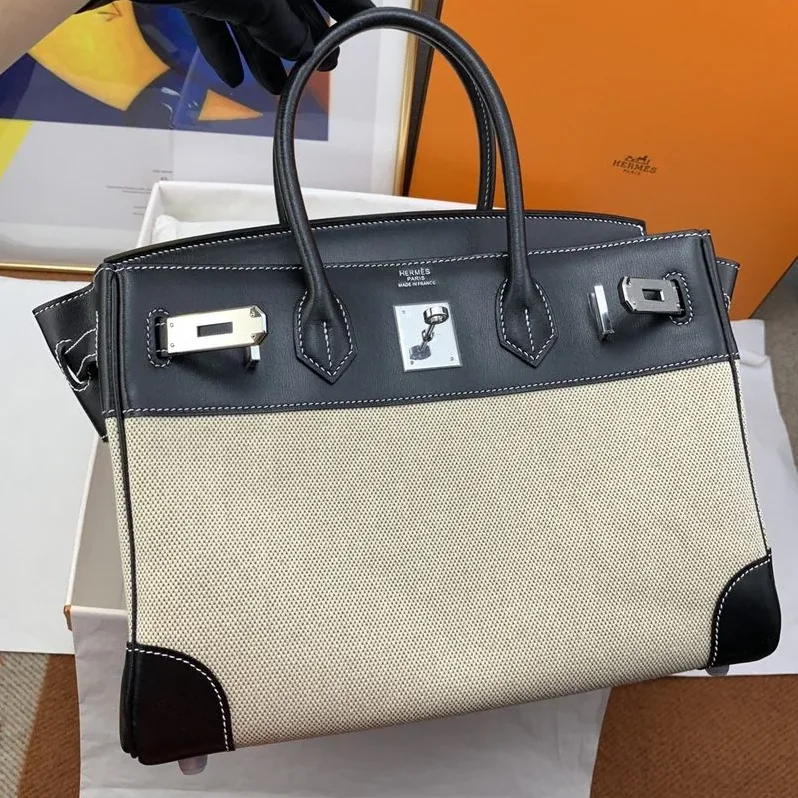 Hermes Birkin Top Handle Bag / Nata Swift BiColor Silver Hardware