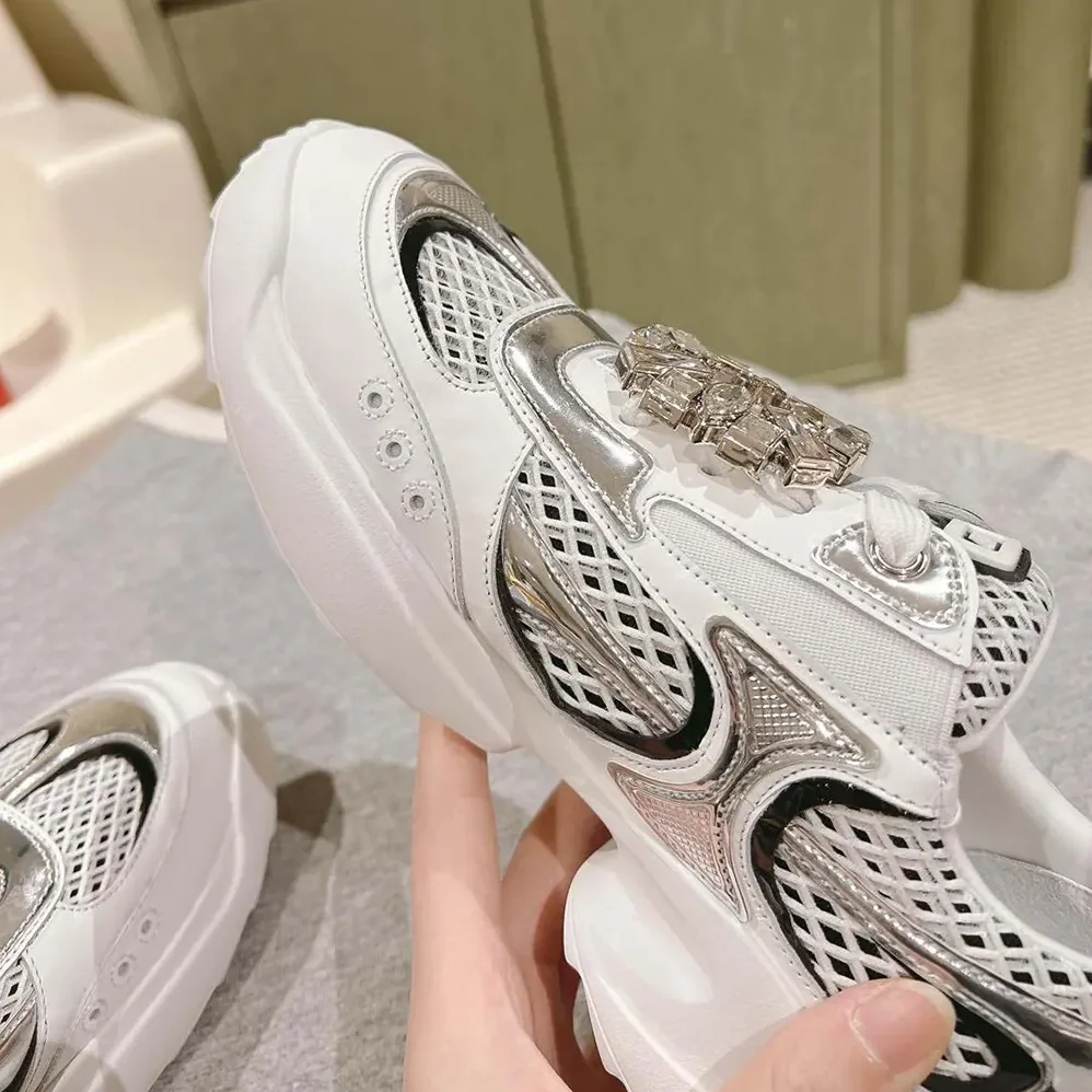 Roger Vivier Viv' on the Run Sneakers in Leather and Fabric for Women in White Roger Vivier Viv' on the Run Sneakers in Leather and Fabric for Women in White
