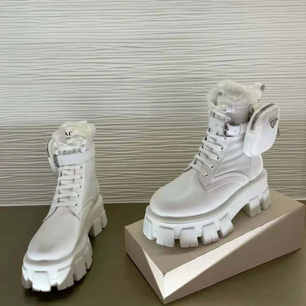 Prada Monolith Leather and Nylon Biker Boots for Women in White