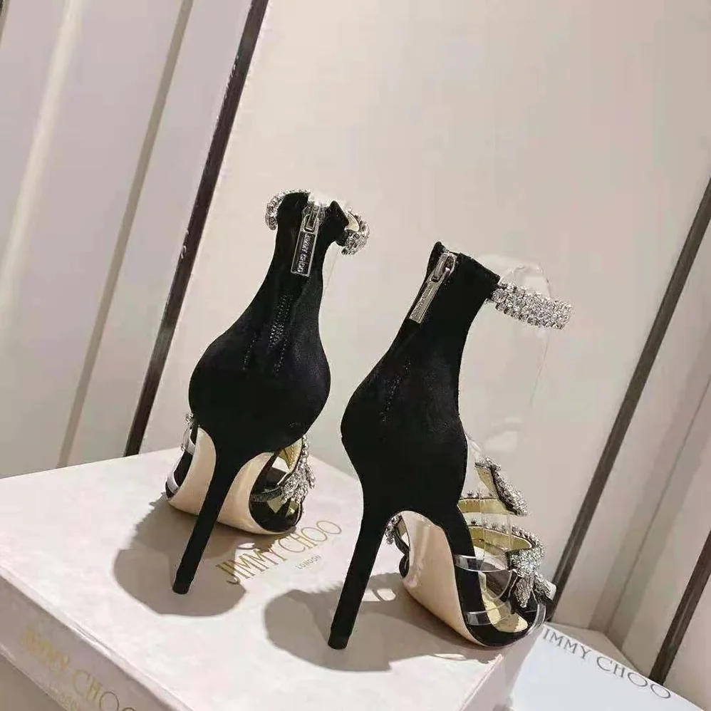 Jimmy Choo Josefine 100 Black Suede Sandals with Crystal Embellishment for Women Jimmy Choo Josefine 100 Black Suede Sandals with Crystal Embellishment for Women