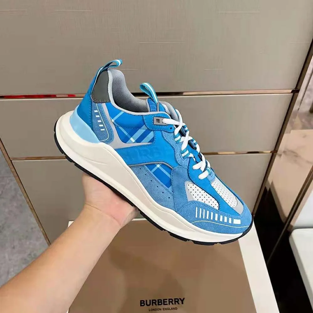 Burberry Leather Suede and Check Sneakers for Men in Blue Burberry Leather Suede and Check Sneakers for Men in Blue