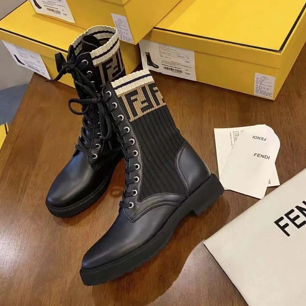 Fendi Rockoko Black Leather Biker Boots with Stretch Fabric for Women Fendi Rockoko Black Leather Biker Boots with Stretch Fabric for Women