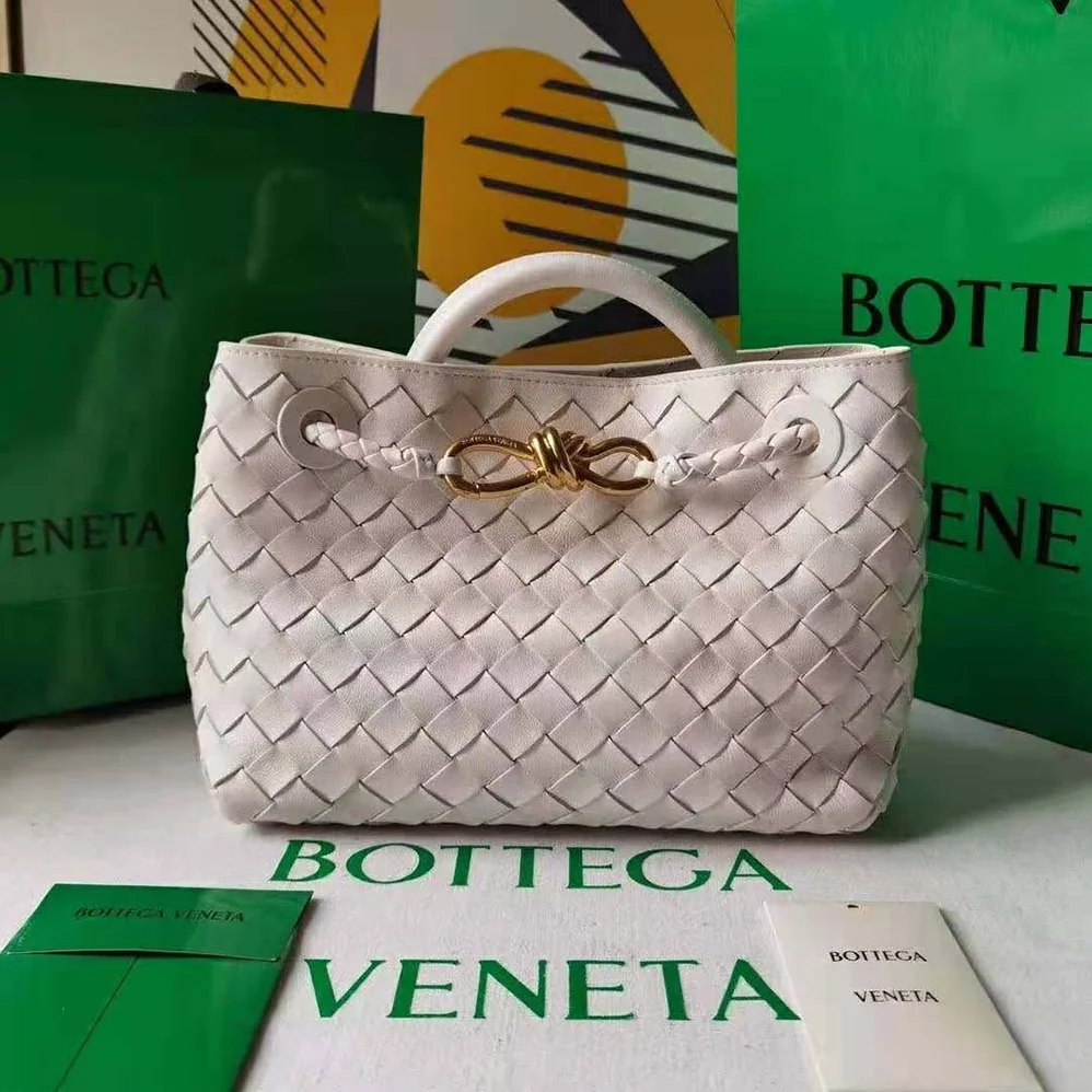 Bottega Veneta Small Andiamo Intrecciato Leather Top Handle Bag for Women in White