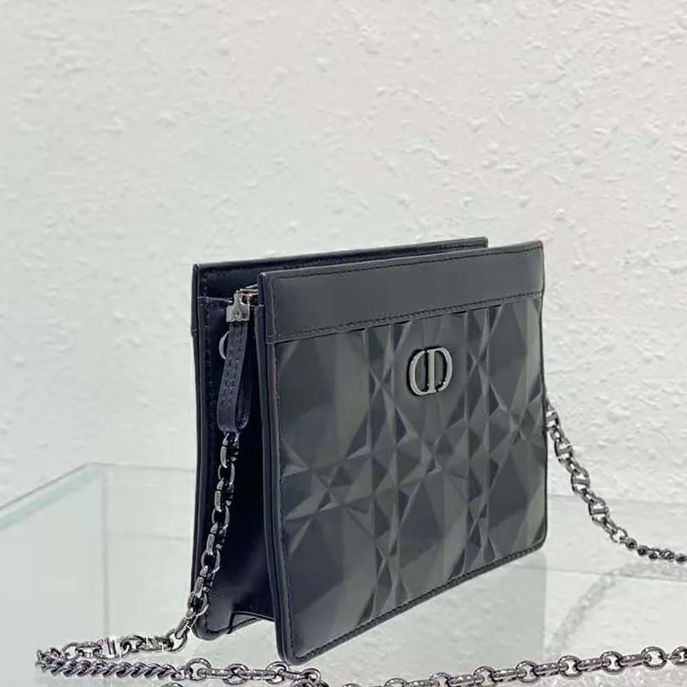 Dior Caro Zipped Pouch with Chain Black Macrocannage Calfskin with Diamond Motif for Women