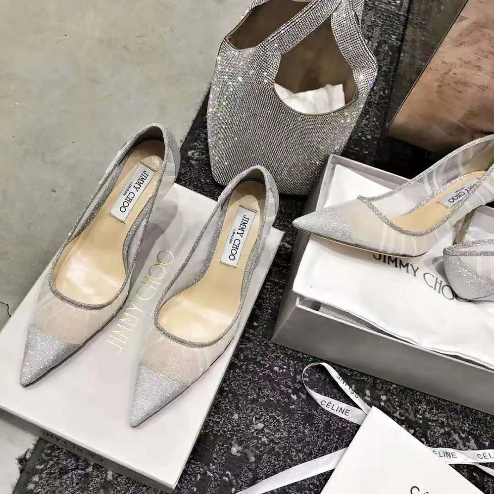 Jimmy Choo Love 100 Metallic Silver Glitter Fabric Pumps with Ivory Tulle Overlay for Women Jimmy Choo Love 100 Metallic Silver Glitter Fabric Pumps with Ivory Tulle Overlay for Women