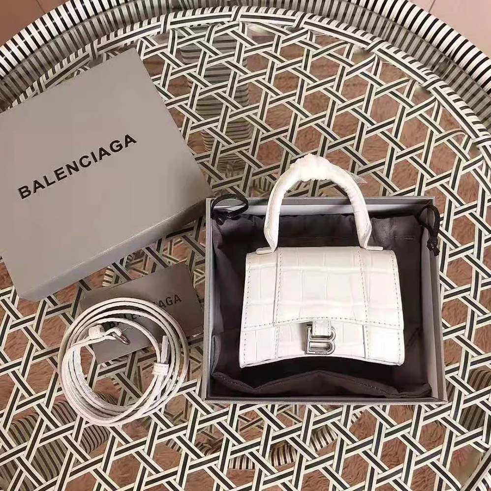 Balenciaga Hourglass Mini Top Handle Bag in White Shiny Crocodile Embossed Calfskin for Women Balenciaga Hourglass Mini Top Handle Bag in White Shiny Crocodile Embossed Calfskin for Women