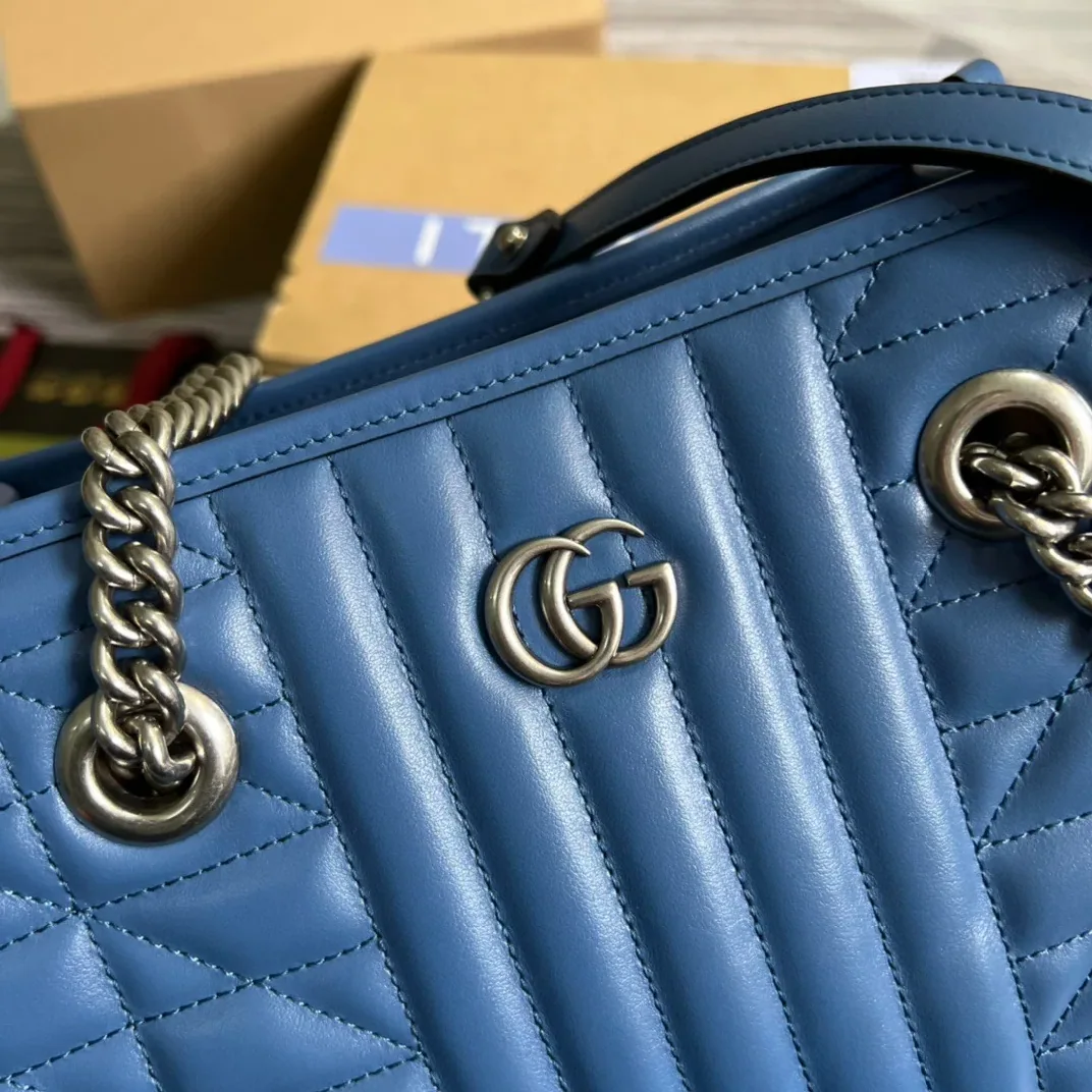Gucci Marmont Small Matelasse Tote Bag in Blue Palladium Hardware