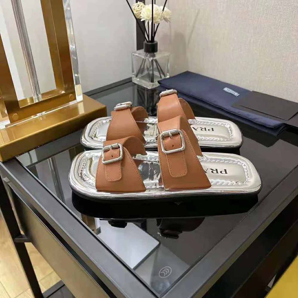 Prada Leather Sandals With Metal Buckle on the Upper for Women in Brown
