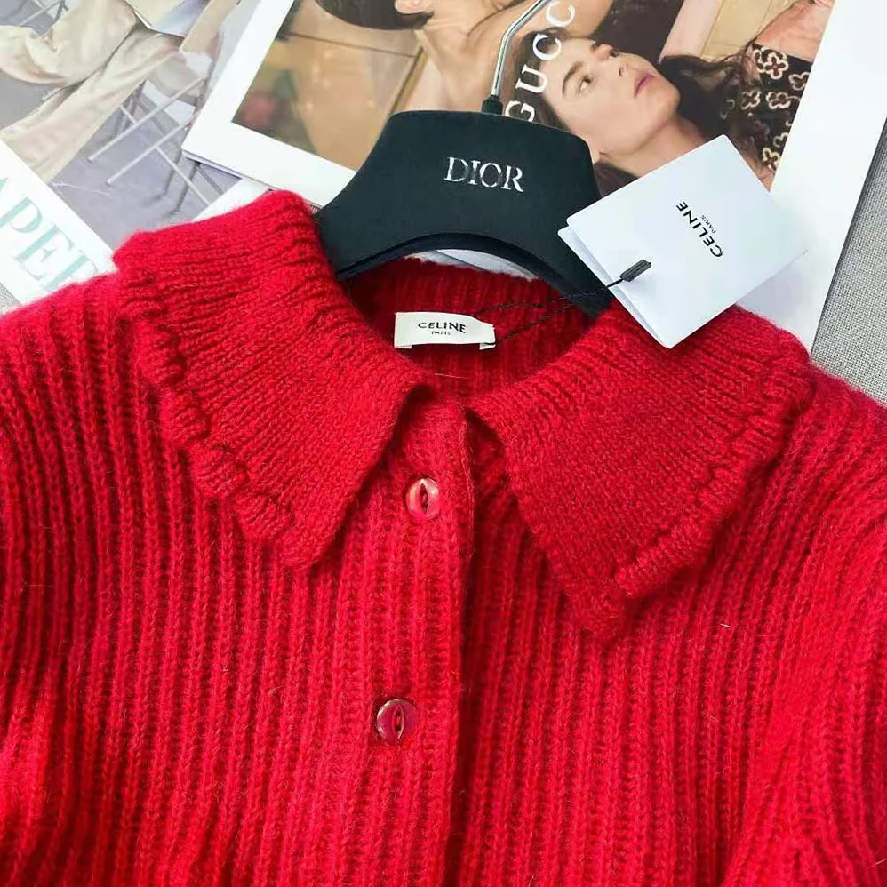 Celine Frilled Collar Cardigan in Silk and Mohair for Women in Red
