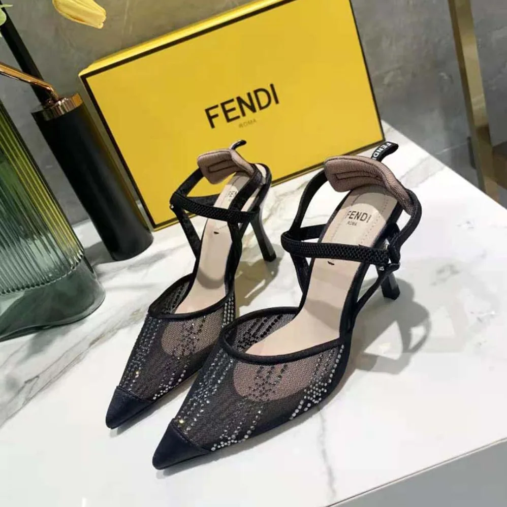 Fendi Colibri Medium Heel Slingbacks in Black Mesh with Rhinestone Embroidery for Women Fendi Colibri Medium Heel Slingbacks in Black Mesh with Rhinestone Embroidery for Women