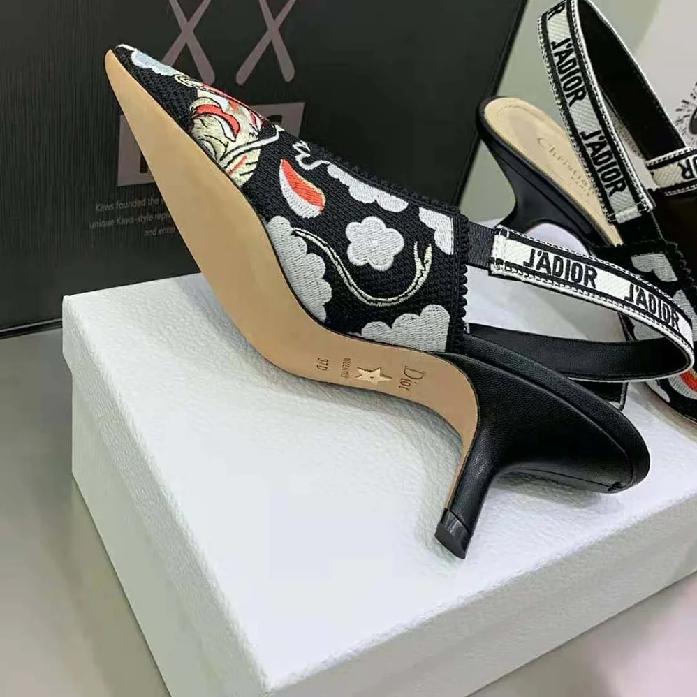Dior J'adior Slingback Pump Black Multicolor Embroidered Cotton with Toile de Jouy Pop Motif for Women