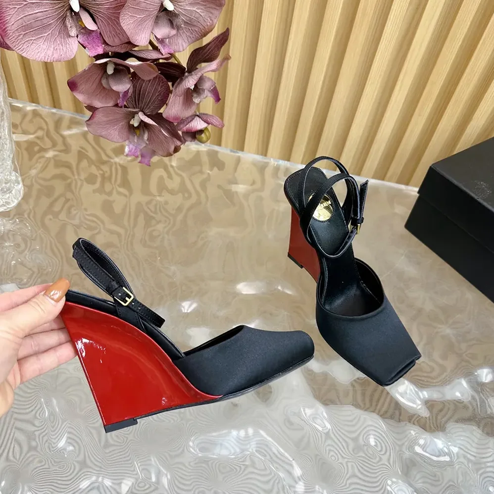Saint Laurent YSL La Scandale Wedges in Satin Crepe for Women in Black Saint Laurent YSL La Scandale Wedges in Satin Crepe for Women in Black