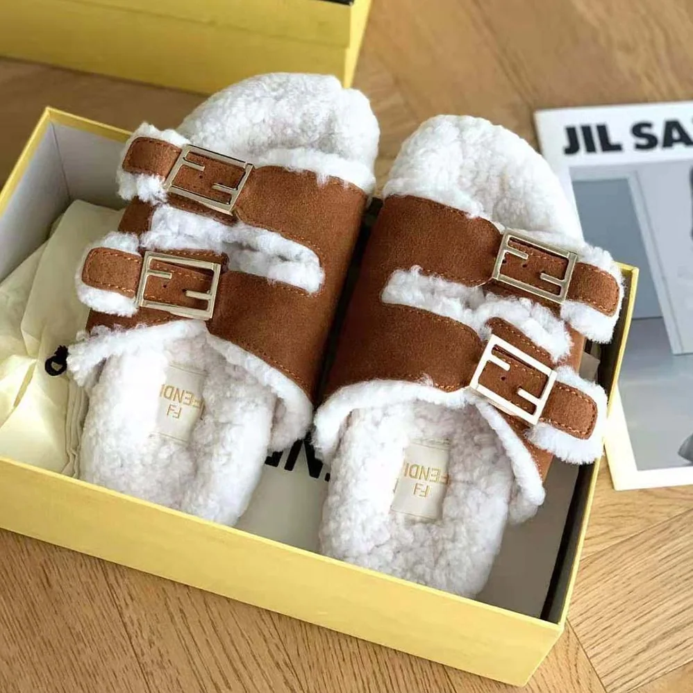 Fendi Feel White Sheepskin Slides for Women